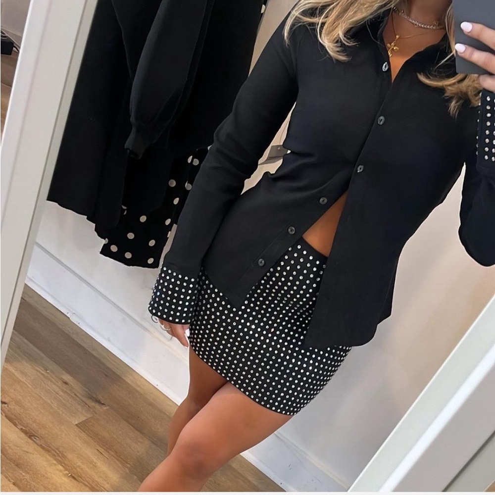 Black Button-Up Shirt and rhinestone Skirt